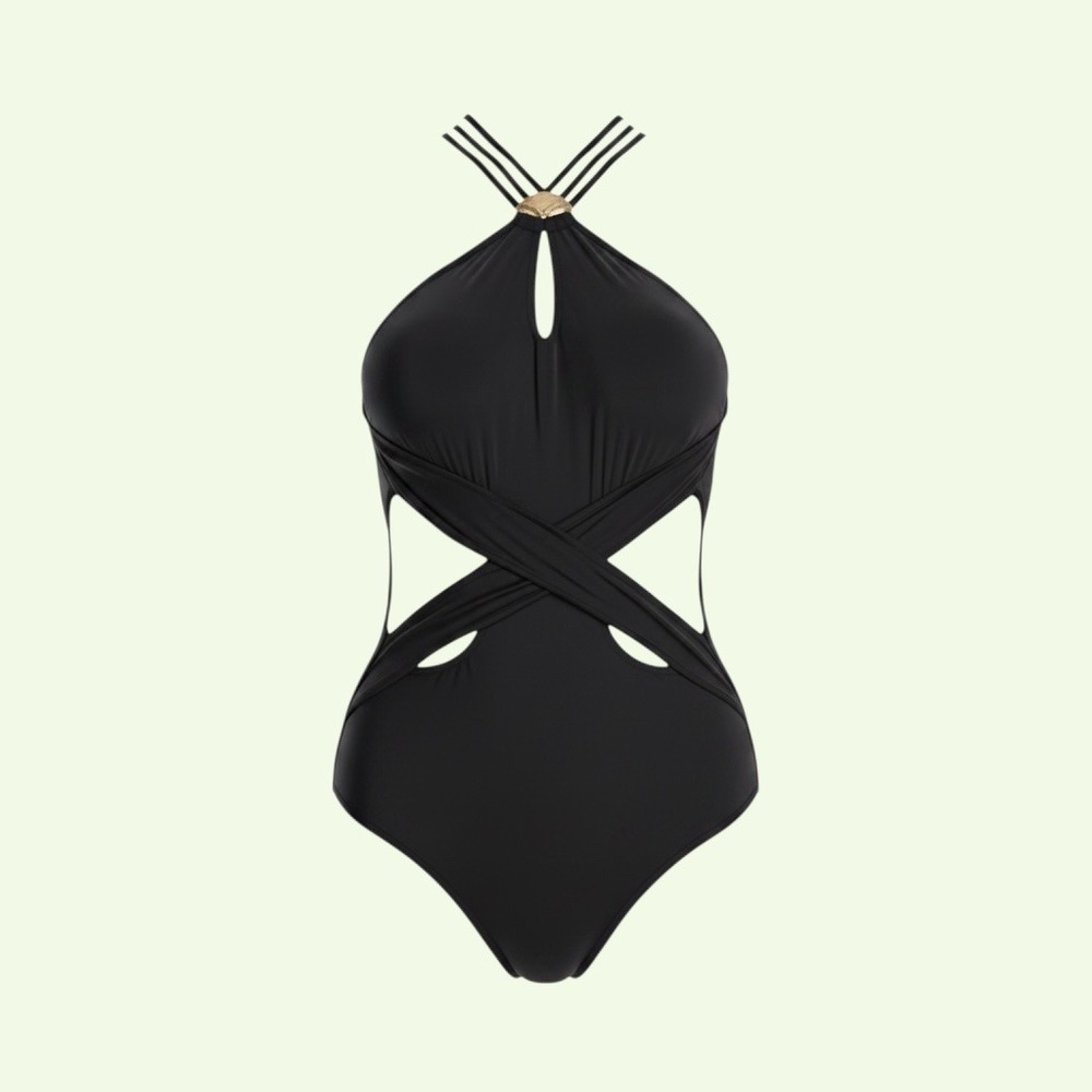 Trina Turk One Piece Swimsuit 12 Black Cutout Halter Monokini Strappy Resortwear